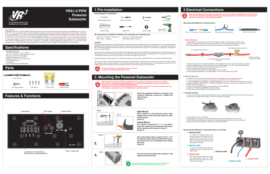 Roadmaster VRA1.0PSW specifications Powered Subwoofer, Pre-installation, Electrical Connections, Specifications, Parts 