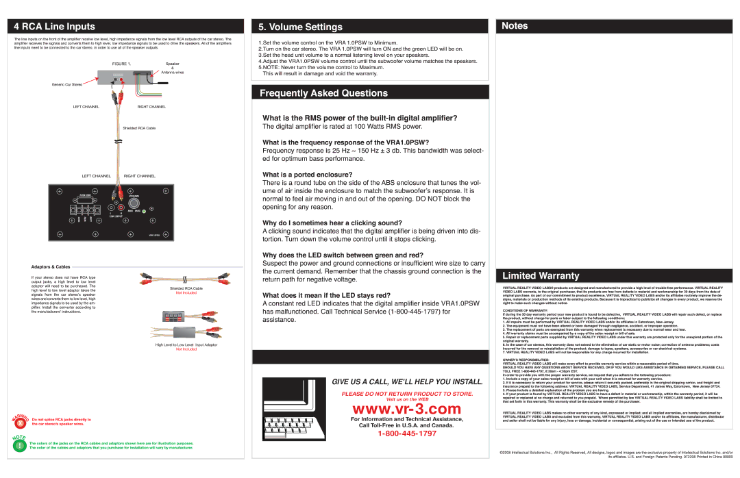 Roadmaster VRA1.0PSW specifications Give US a CALL, Well Help YOU Install 