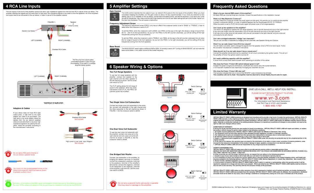 Roadmaster VRA2.0i manual RCA Line Inputs, Amplifier Settings, Speaker Wiring & Options Frequently Asked Questions 