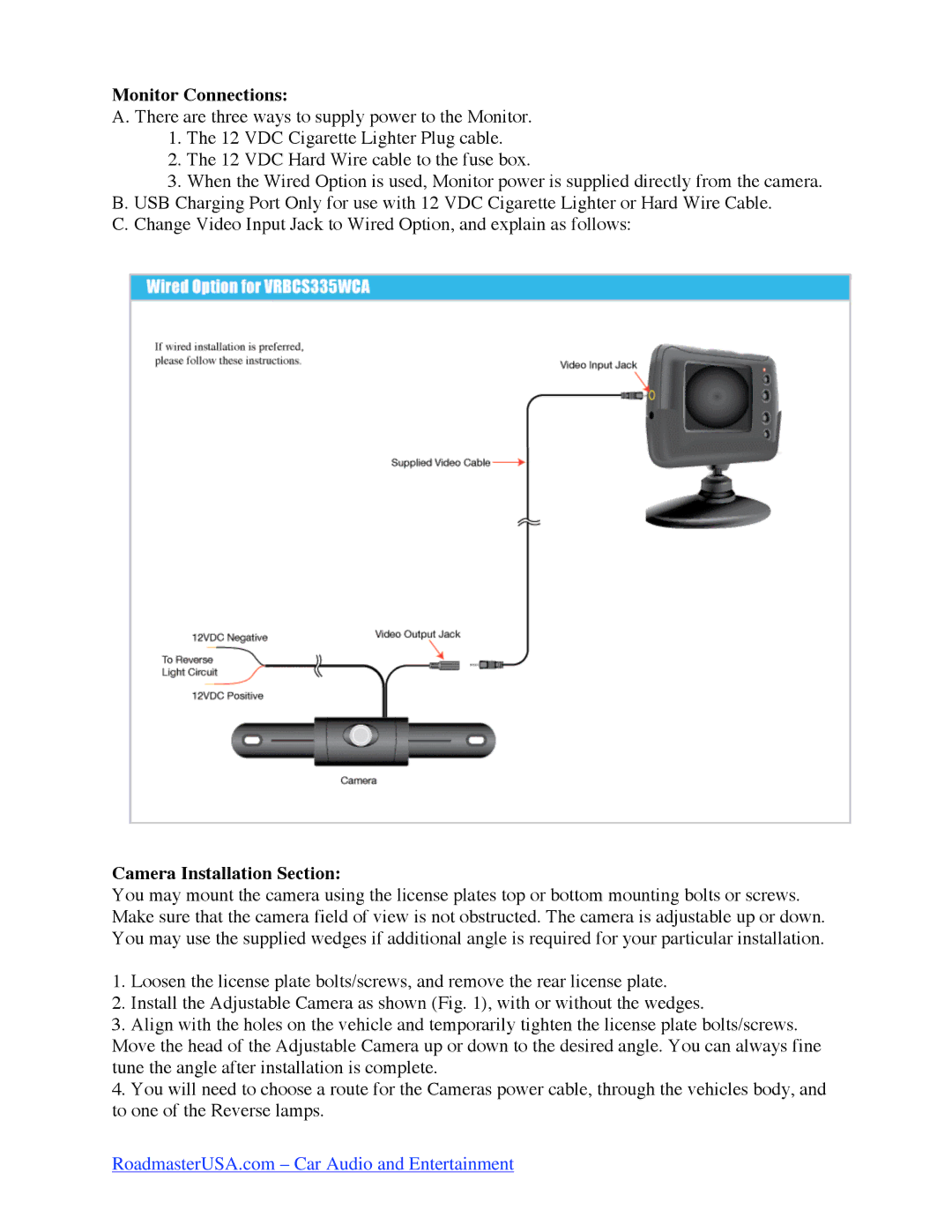 Roadmaster VRBCS335WCA manual Monitor Connections, Camera Installation Section 