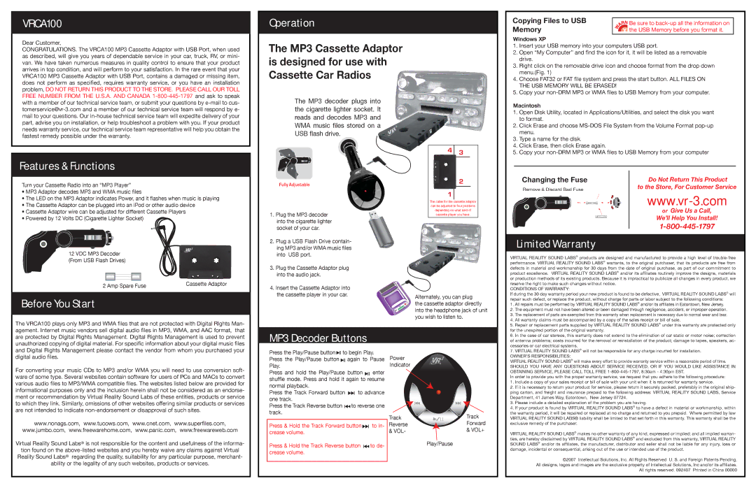 Roadmaster VRCA100 warranty Features & Functions Operation, Limited Warranty, Before You Start, MP3 Decoder Buttons 