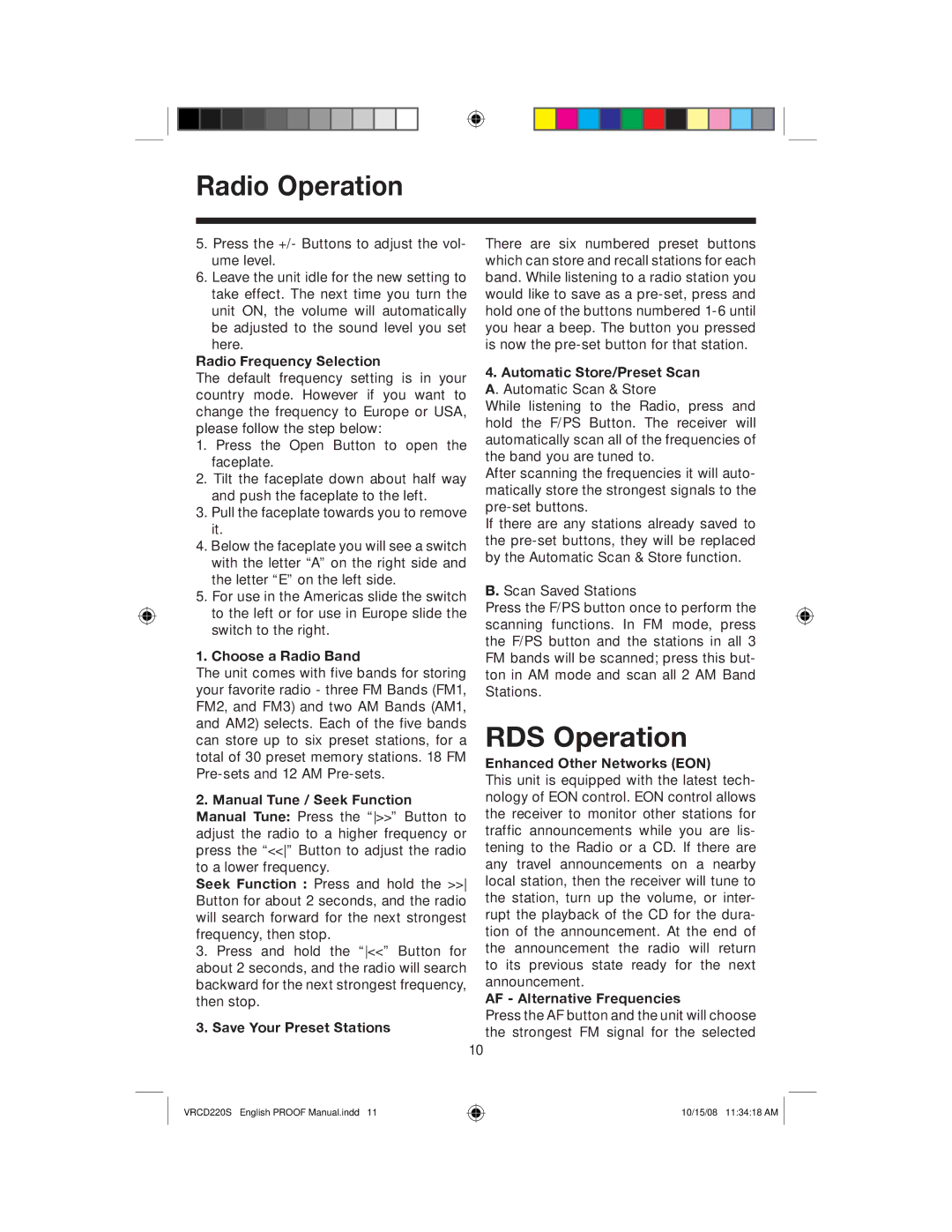 Roadmaster VRCD220S manual Radio Operation, RDS Operation 