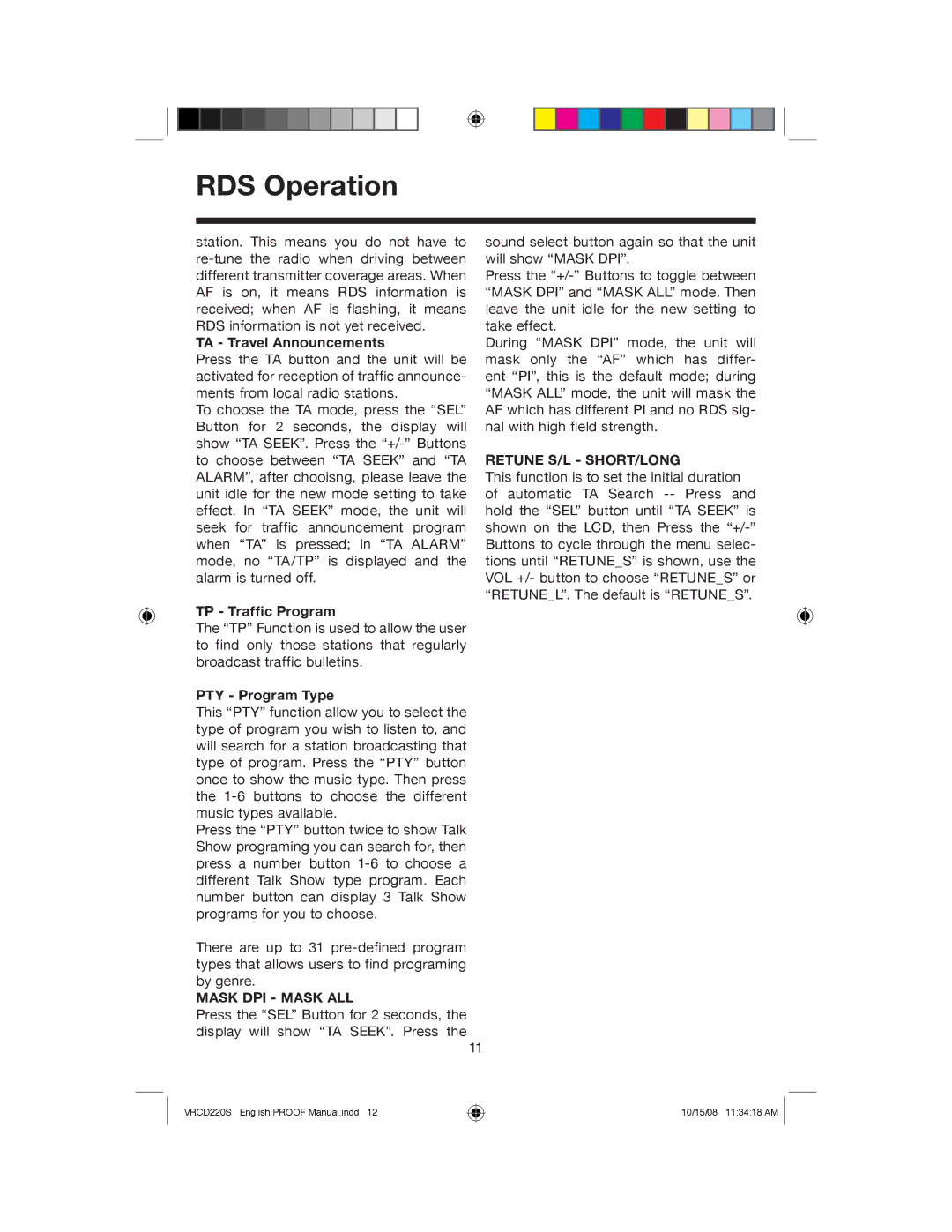 Roadmaster VRCD220S manual TA Travel Announcements, TP Traffic Program, PTY Program Type 