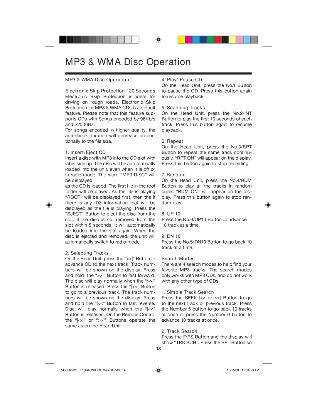 Roadmaster VRCD220S manual MP3 & WMA Disc Operation, Search Modes, Simple Track Search 