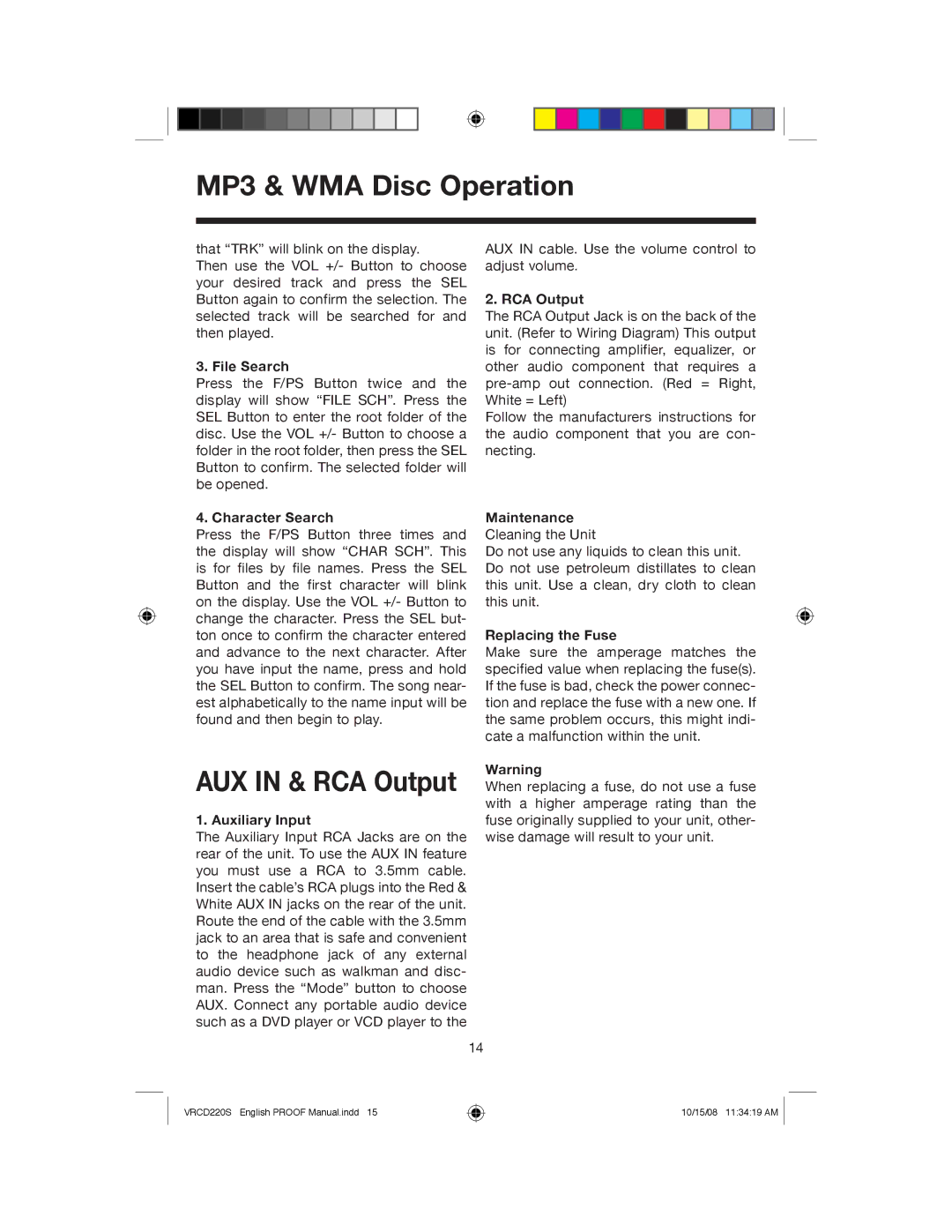 Roadmaster VRCD220S manual File Search, RCA Output, Character Search, Auxiliary Input, Maintenance Cleaning the Unit 