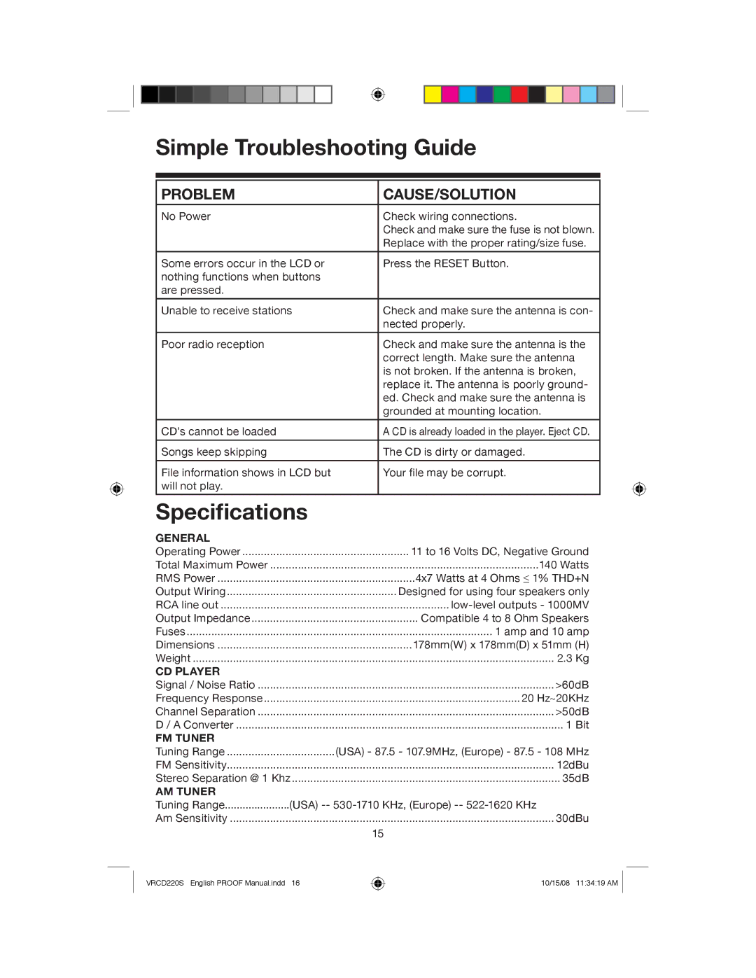 Roadmaster VRCD220S manual Simple Troubleshooting Guide, Speciﬁcations 