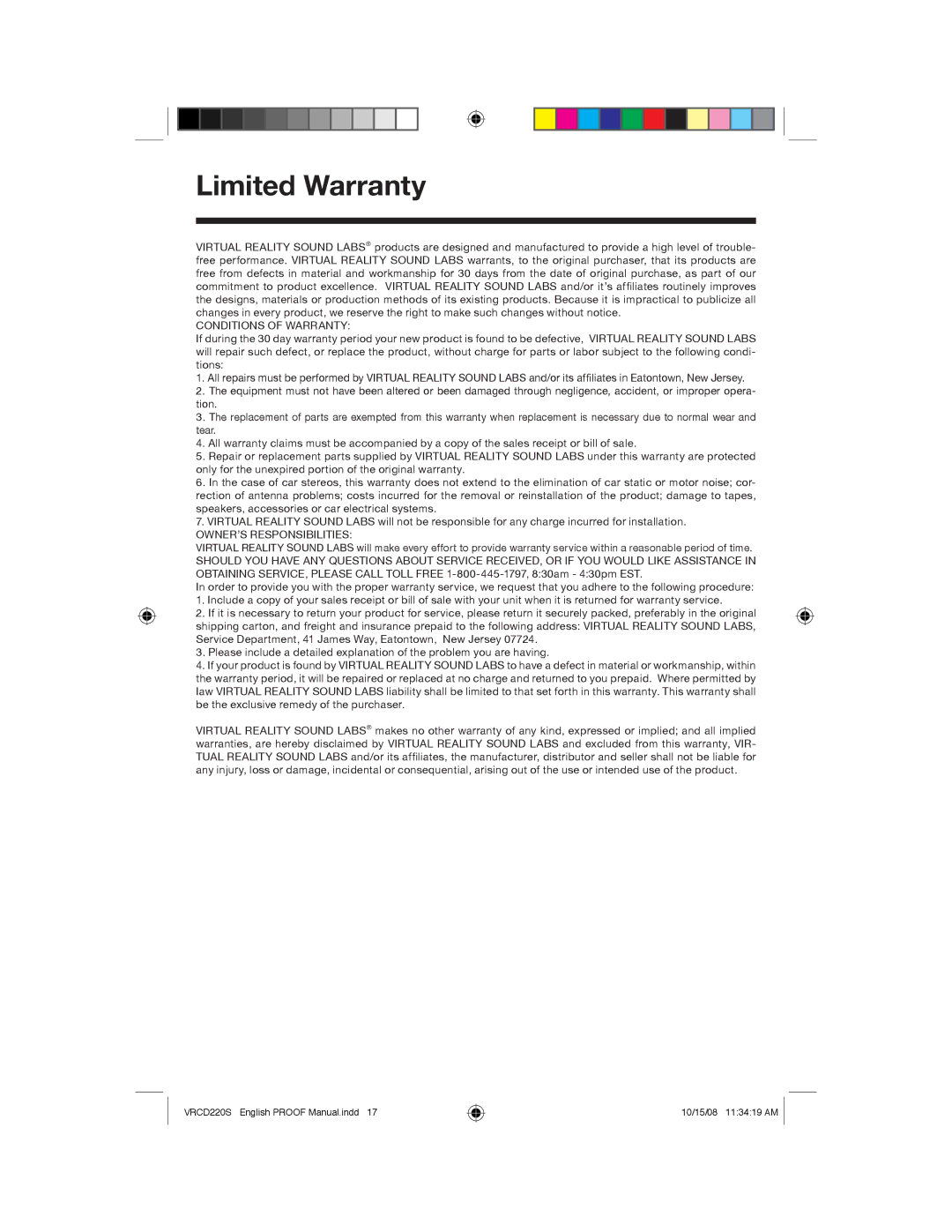 Roadmaster VRCD220S manual Limited Warranty, Conditions of Warranty 