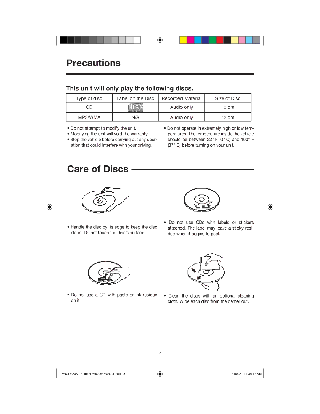 Roadmaster VRCD220S manual Precautions, Care of Discs, This unit will only play the following discs 