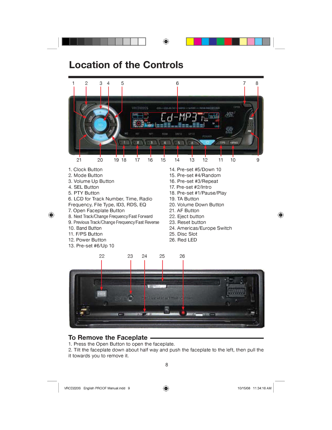 Roadmaster VRCD220S manual Location of the Controls, To Remove the Faceplate 