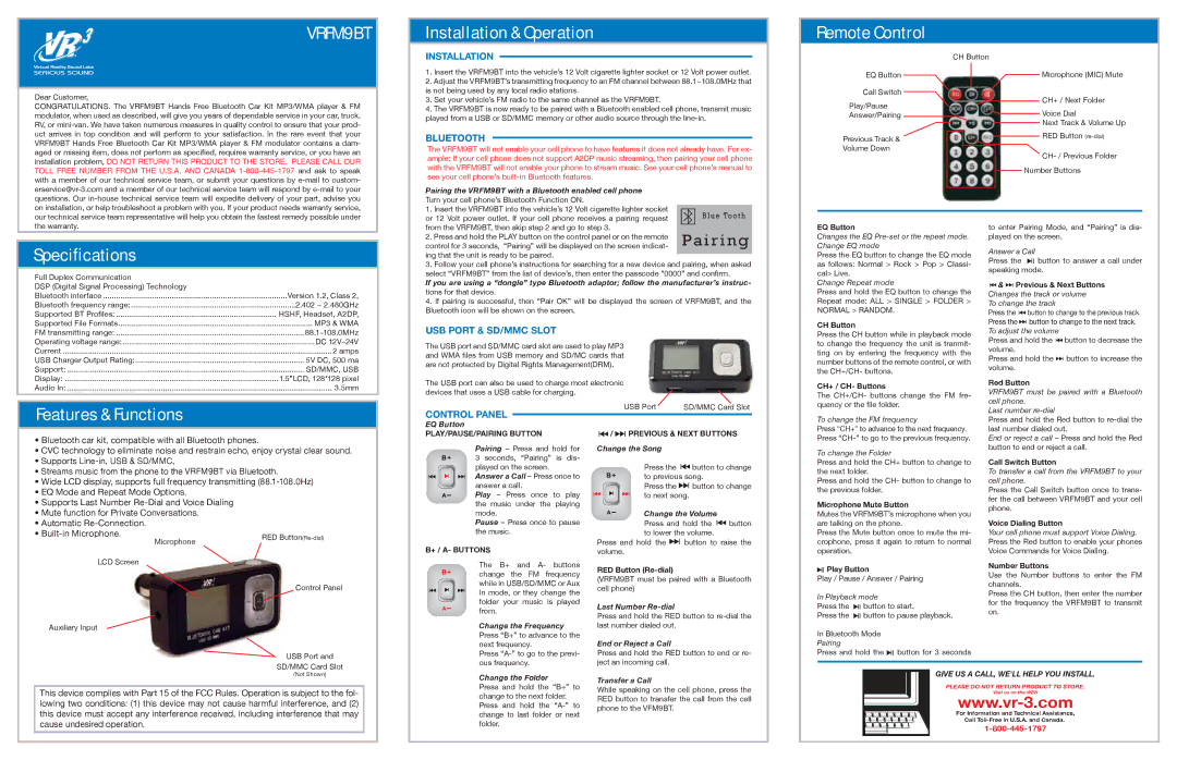 Roadmaster VRFM9BT specifications Installation & Operation, Remote Control, Speciﬁcations, Features & Functions 