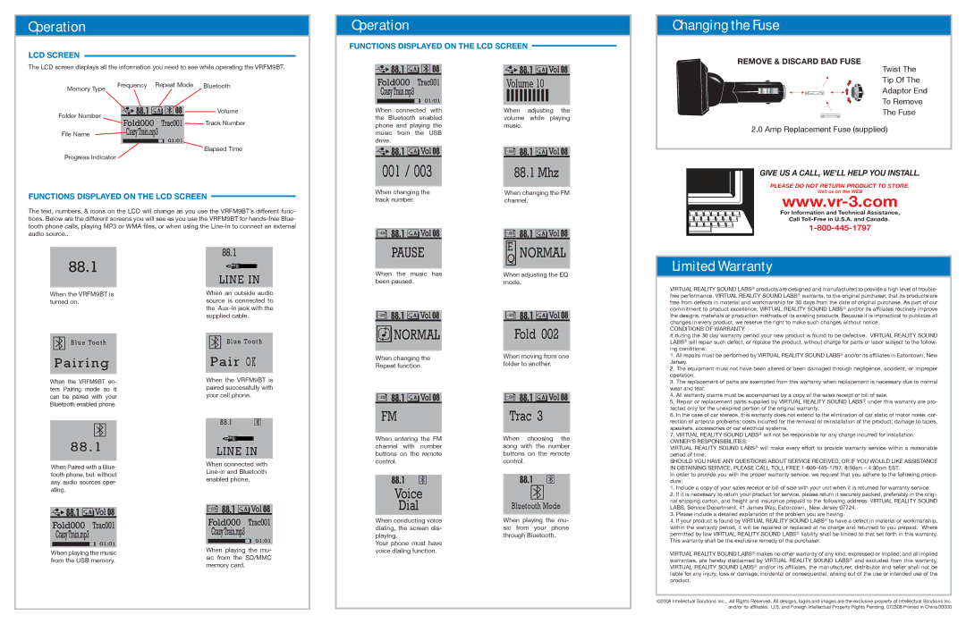 Roadmaster VRFM9BT specifications Operation, Changing the Fuse, Limited Warranty 