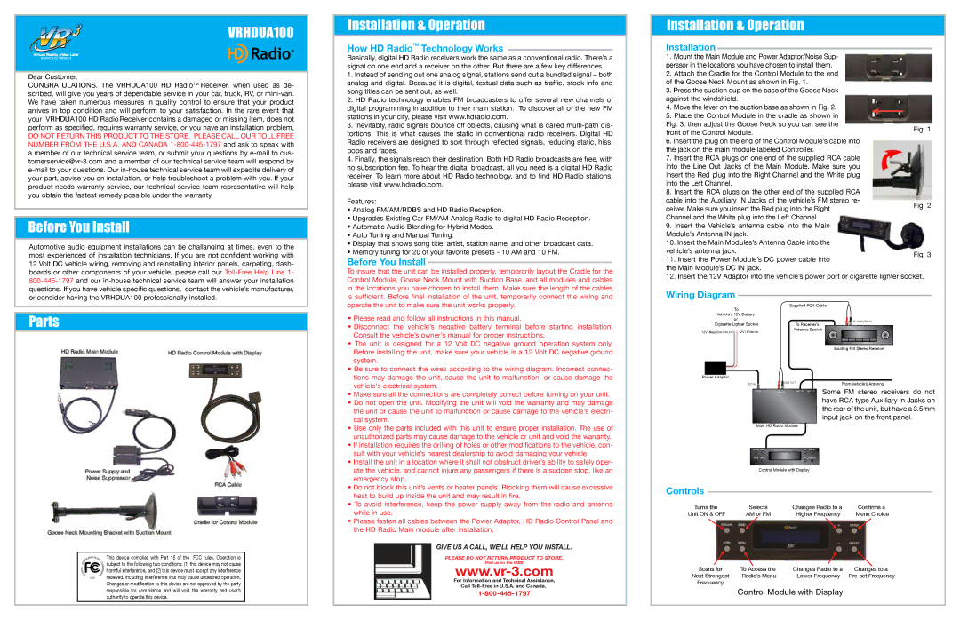 Roadmaster VRHDUA100 warranty Before You Install, Parts, Installation & Operation 