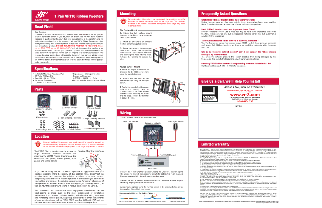 Roadmaster specifications Pair VRT18 Ribbon Tweeters Read First, Specifications, Parts, Location, Mounting, Wiring 