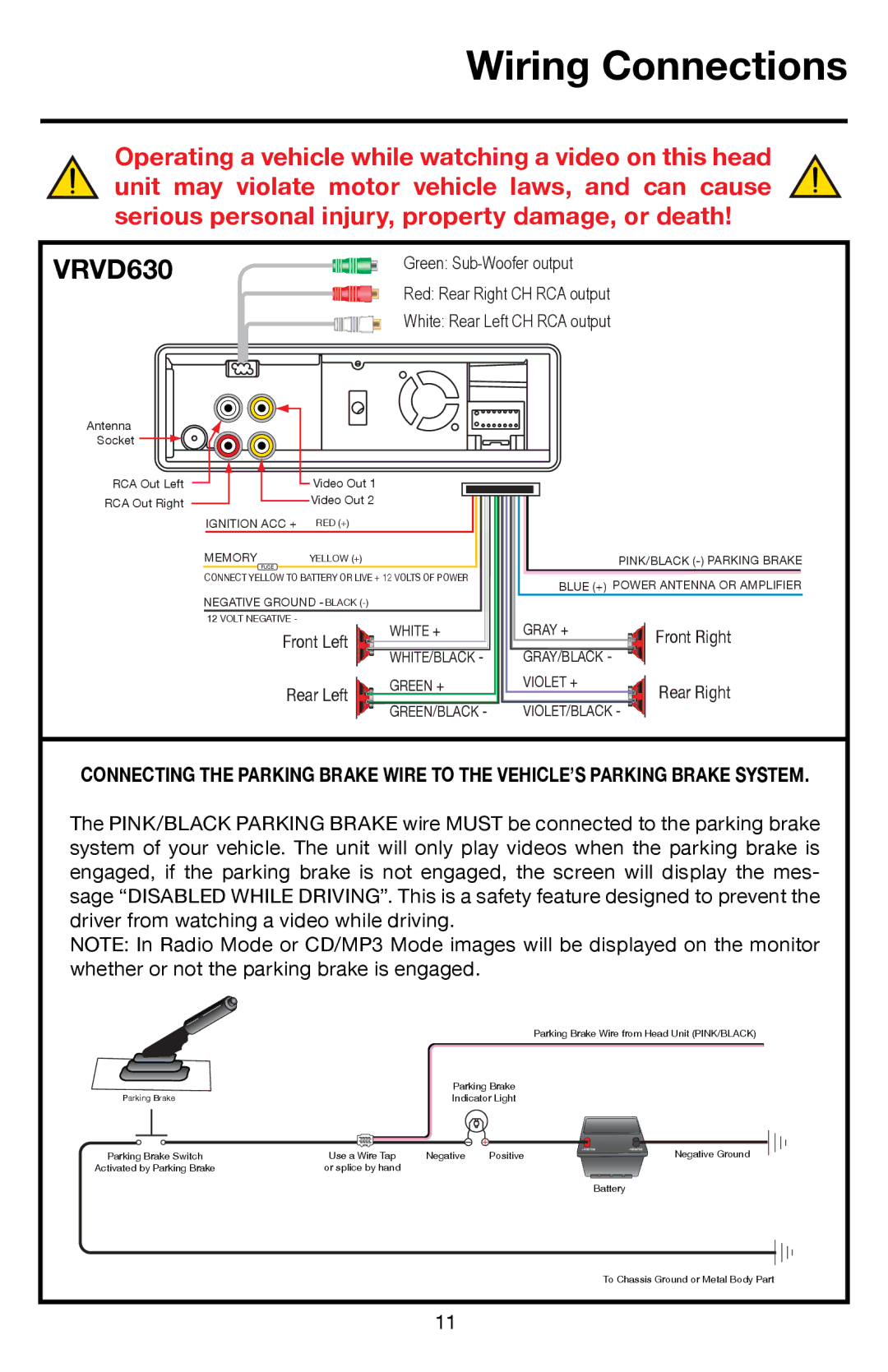 Roadmaster VRVD630 manual Wiring Connections 