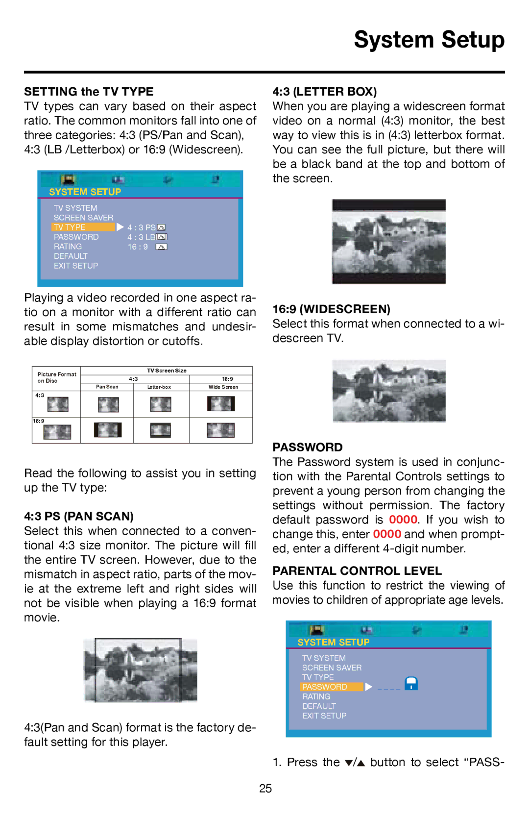 Roadmaster VRVD630 manual Letter BOX, Widescreen, PS PAN Scan, Password, Parental Control Level 