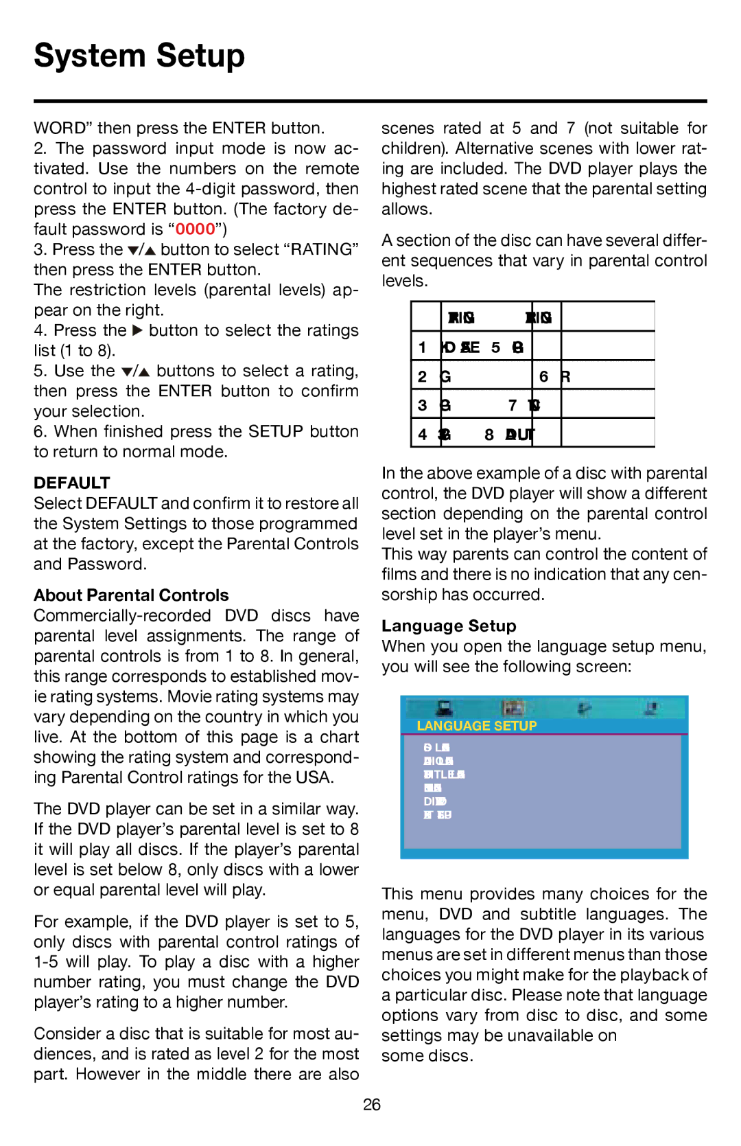 Roadmaster VRVD630 manual Default, Language Setup 