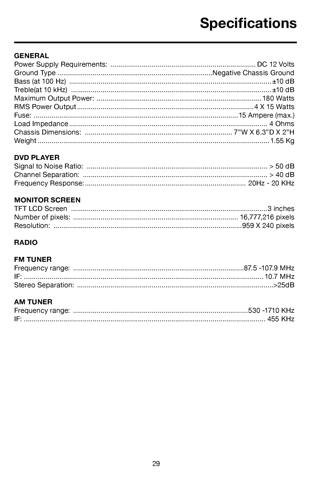 Roadmaster VRVD630 manual Specifications 