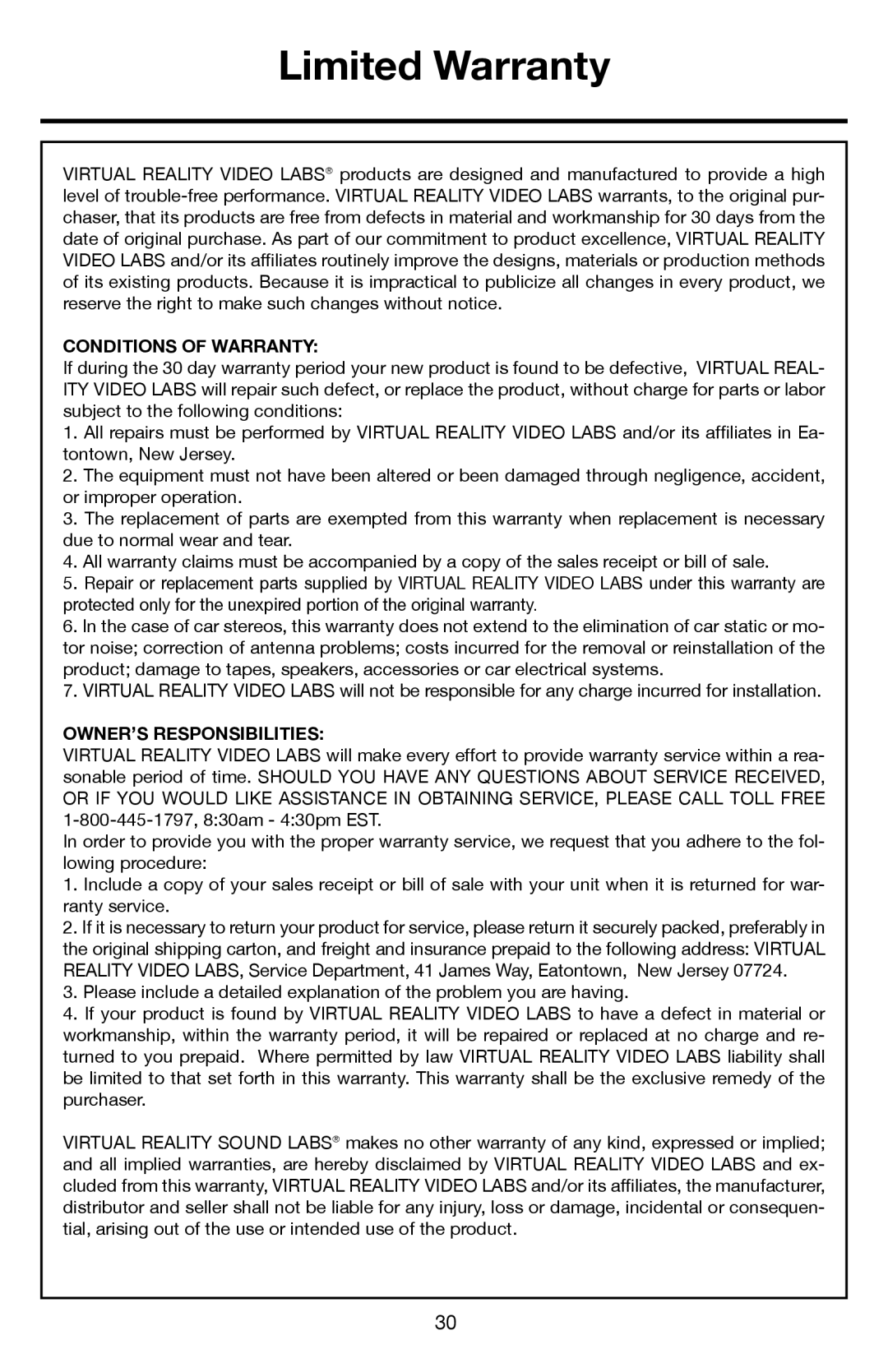 Roadmaster VRVD630 manual Limited Warranty, Conditions of Warranty 