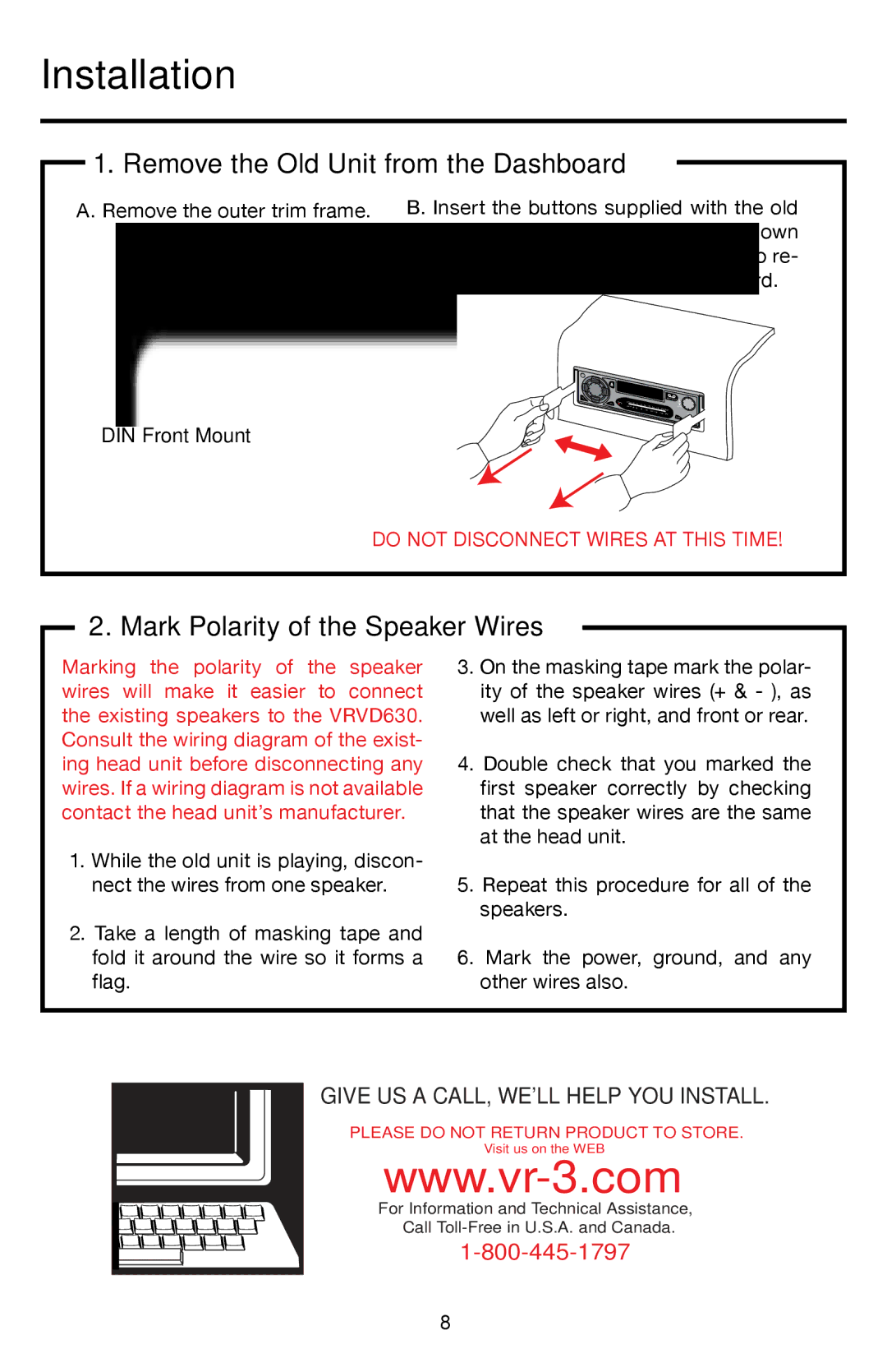 Roadmaster VRVD630 manual Installation, Remove the Old Unit from the Dashboard, Mark Polarity of the Speaker Wires 