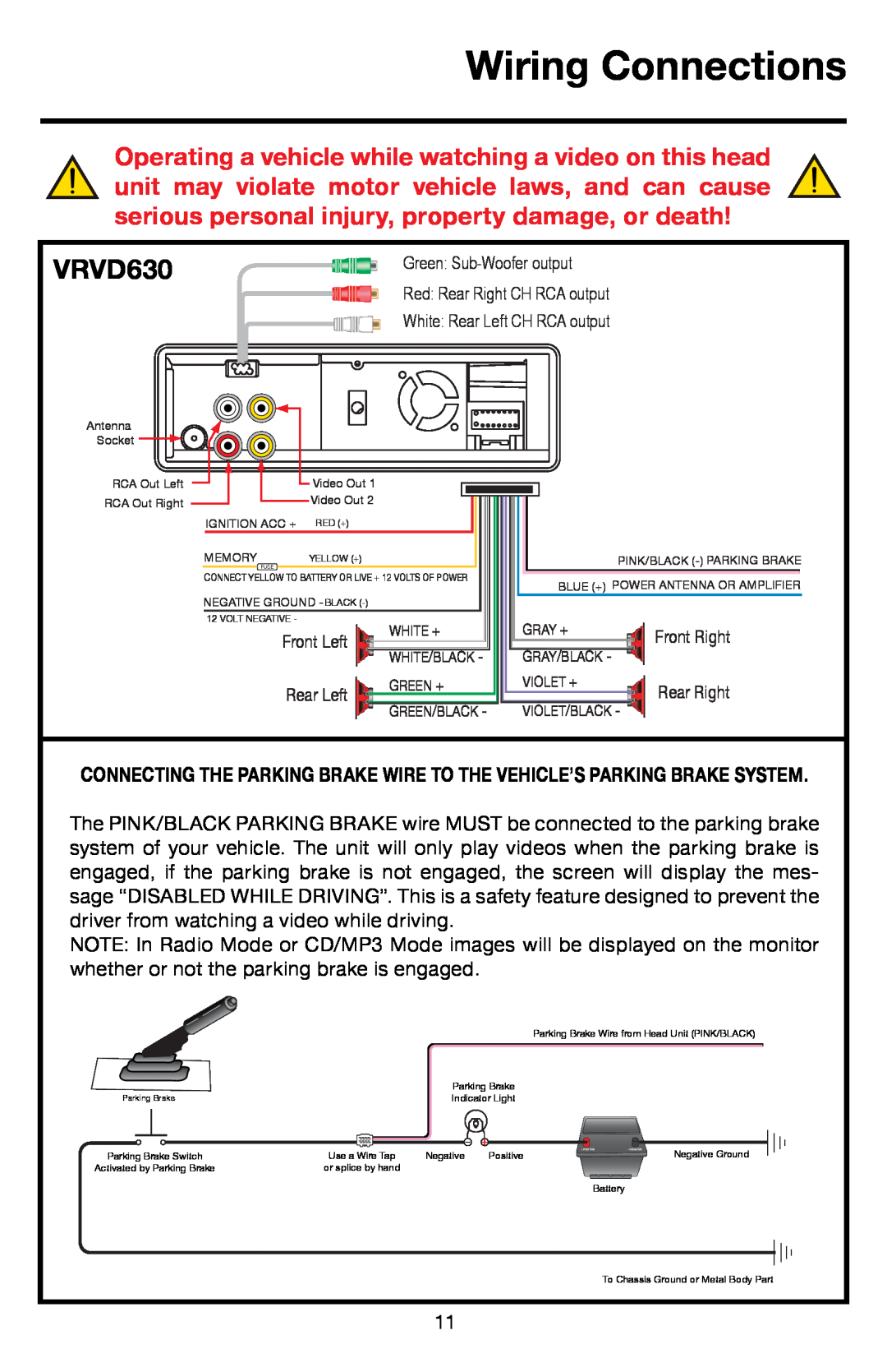 Roadmaster VRVD630 manual Wiring Connections 