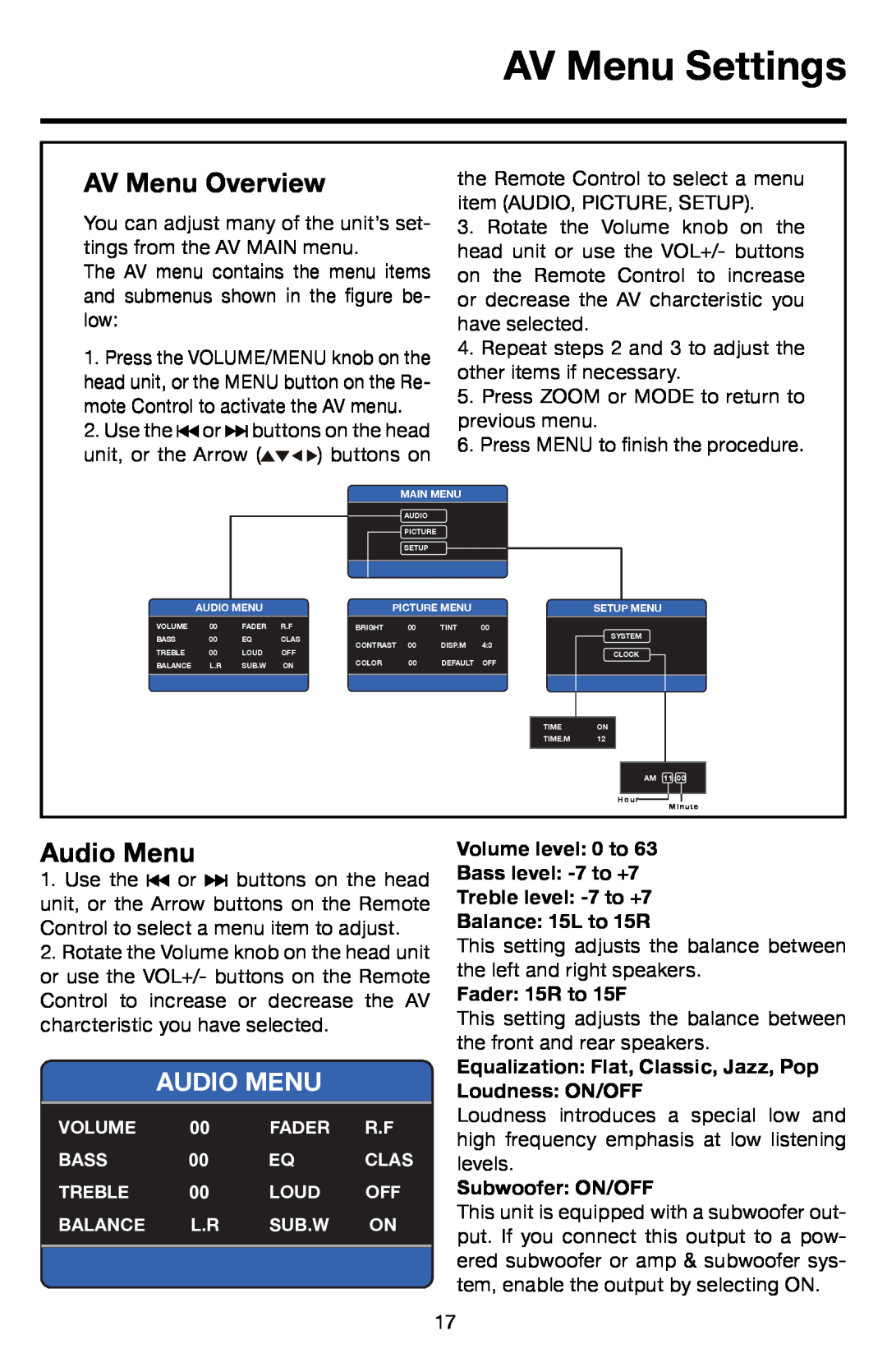 Roadmaster VRVD630 AV Menu Settings, AV Menu Overview, Audio Menu, Volume level 0 to Bass level -7to +7, Fader 15R to 15F 