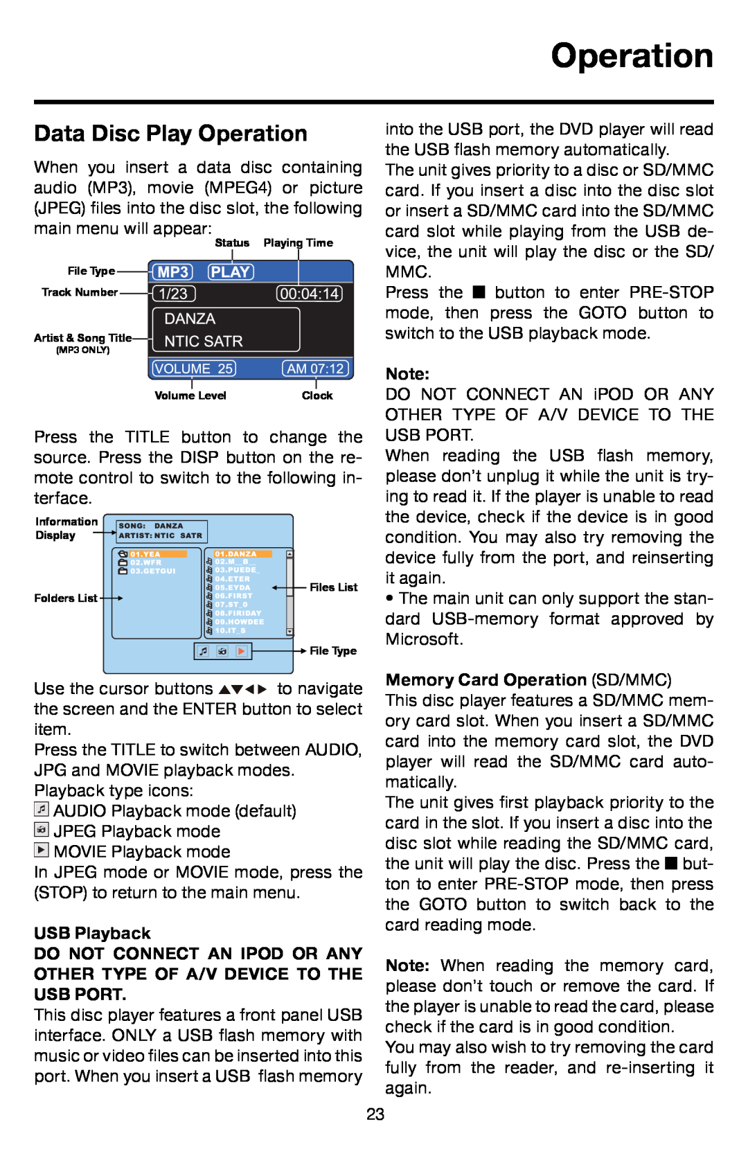 Roadmaster VRVD630 manual Data Disc Play Operation, USB Playback, Memory Card Operation SD/MMC 