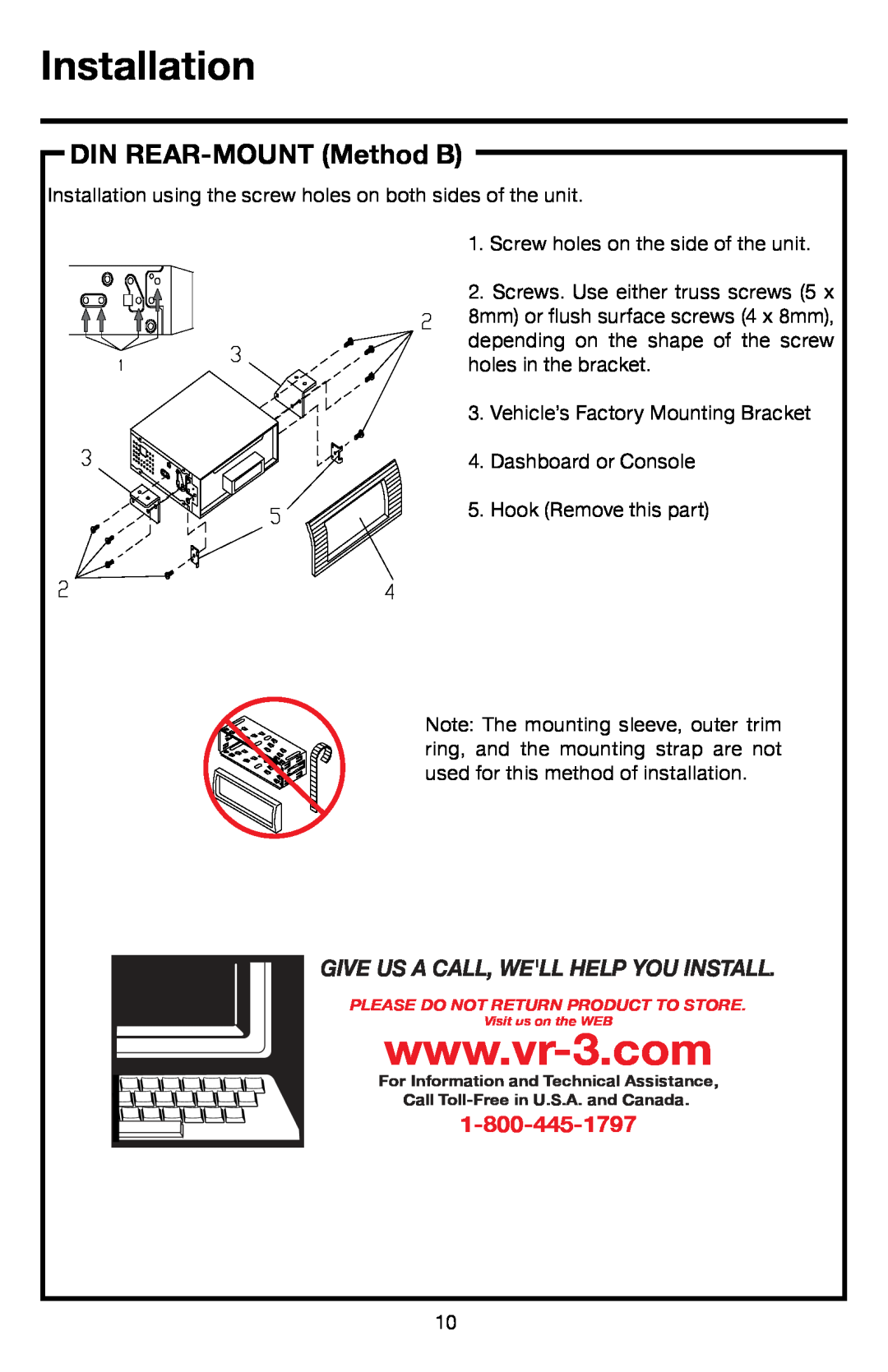 Roadmaster VRVD630 manual DIN REAR-MOUNTMethod B, Installation, Give Us A Call, Well Help You Install 