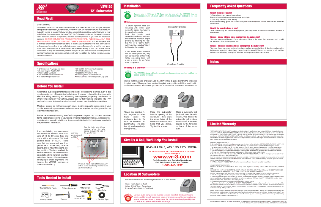 Roadmaster VSW120 specifications Read First Installation, Frequently Asked Questions, Speciﬁcations, Before You Install 