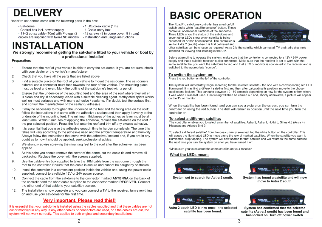 RoadPro D3211, D3325, D3209, D3201 manual Delivery, Installation, Basic Operation 