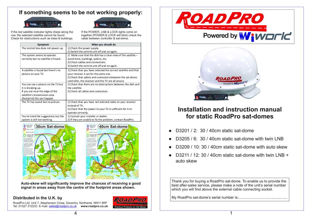 RoadPro D3209 manual Installation and instruction manual for static RoadPro sat-domes, Distributed in the U.K. by, Symptom 