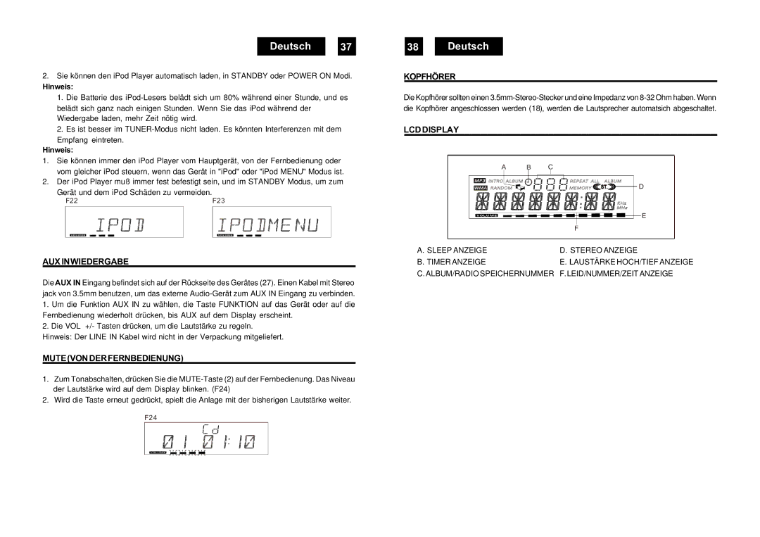 Roadstar HIF-9000IP manual Auxinwiedergabe, Mutevonderfernbedienung, Kopfhörer, Lcddisplay, Hinweis 