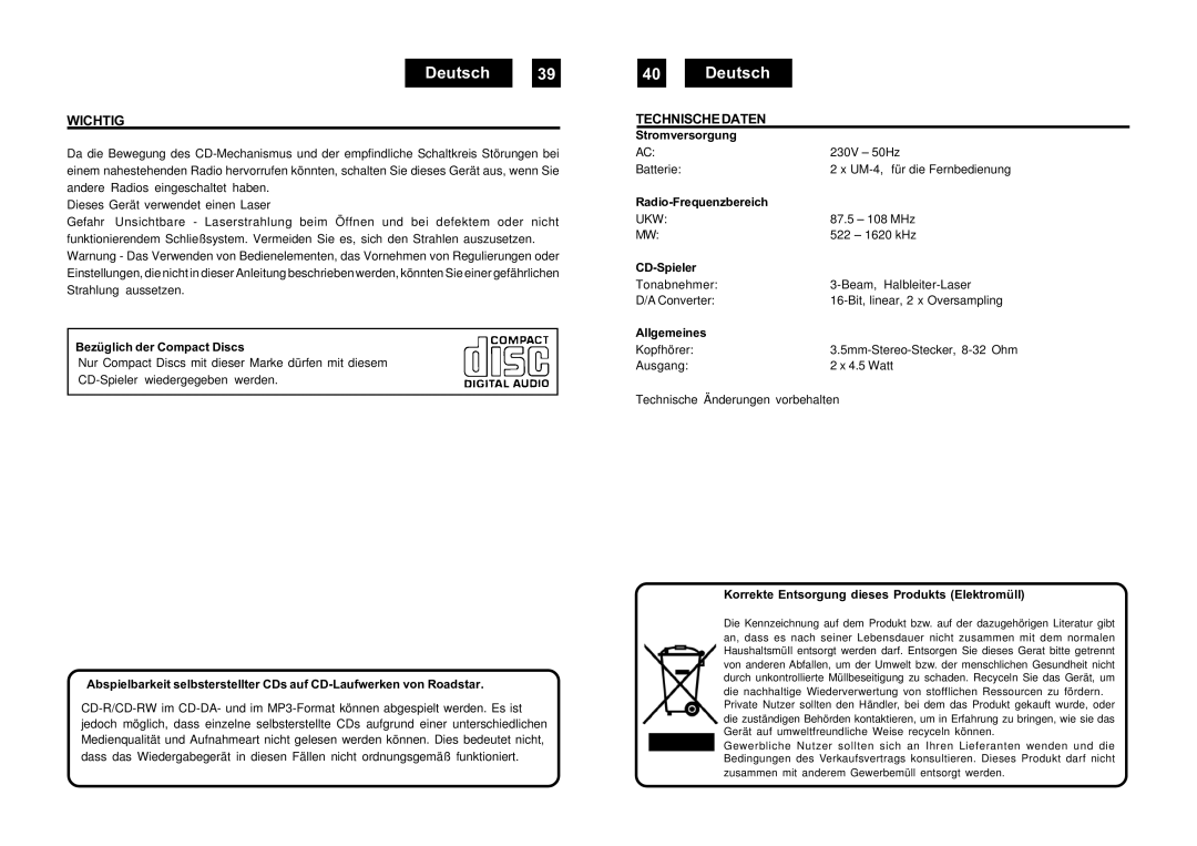 Roadstar HIF-9000IP manual Wichtig, Technischedaten 