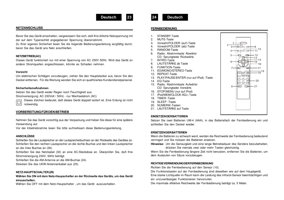 Roadstar HIF-9000IP manual Netzanschluss, Vorbereitungfürdenbetrieb, Fernbedienung 