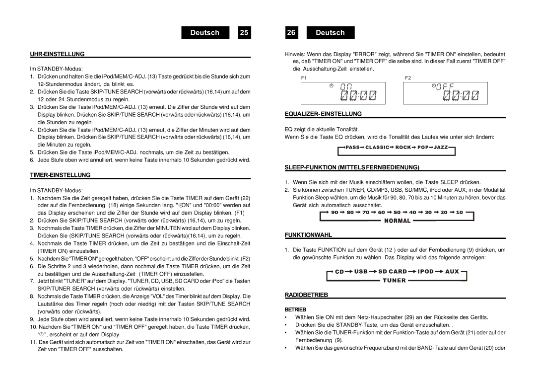 Roadstar HIF-9000IP manual Uhr-Einstellung, Timer-Einstellung, Equalizer-Einstellung, SLEEP-FUNKTION Mittelsfernbedienung 