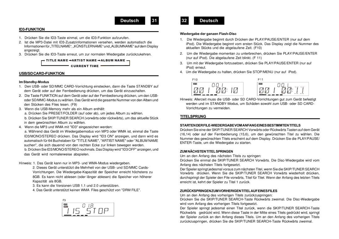 Roadstar HIF-9000IP manual ID3-FUNKTION, Usb/Sdcard-Funktion, Titelsprung 