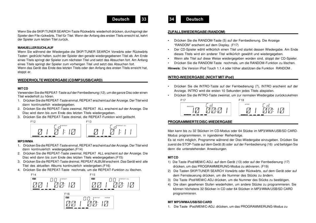 Roadstar HIF-9000IP manual WIEDERHOLTEWIEDERGABECD/MP3/USB/CARD, Zufallswiedergaberandom, Programmiertedisc-Wiedergabe 