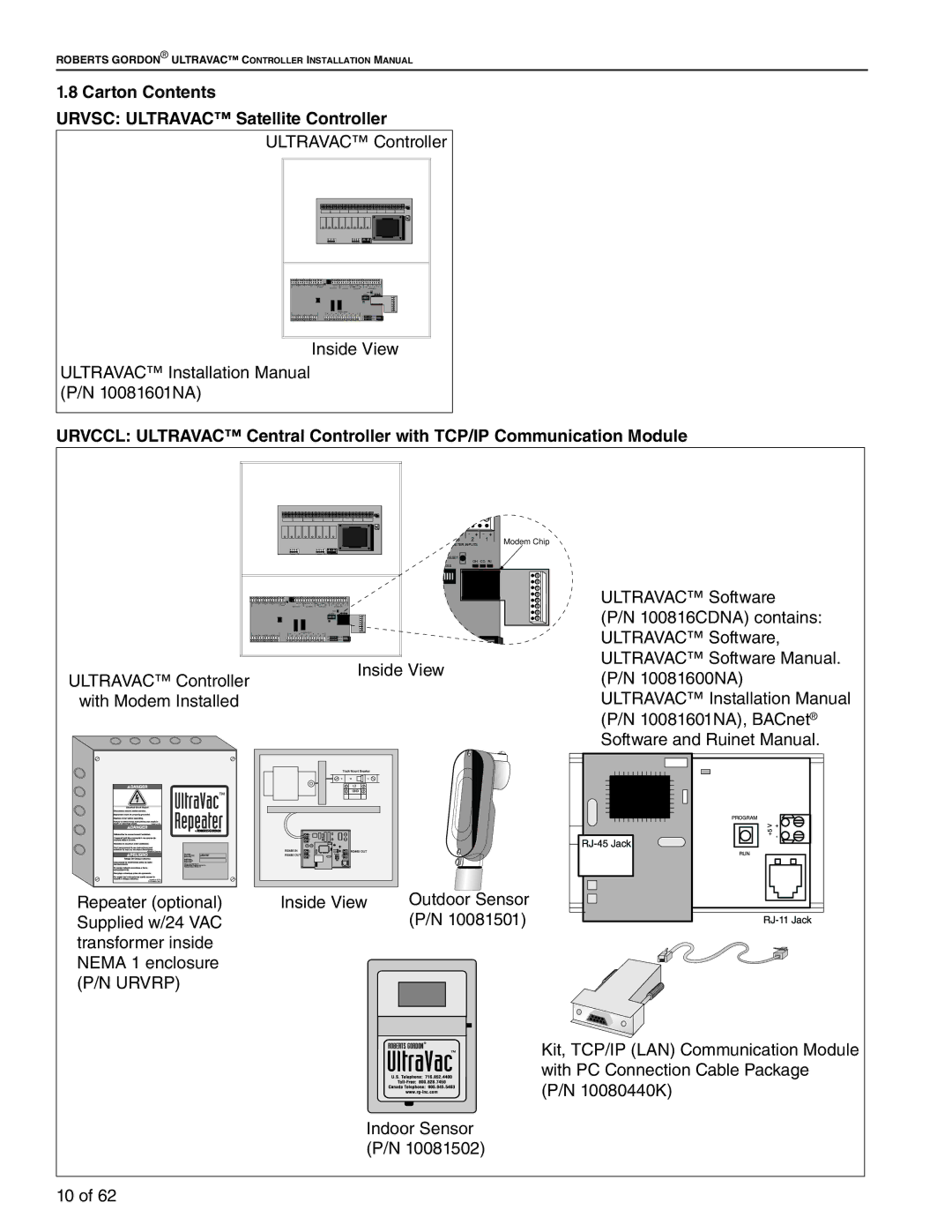 Roberts Gorden 10081601NA Rev H 12/11 service manual Carton Contents Urvsc Ultravac Satellite Controller 