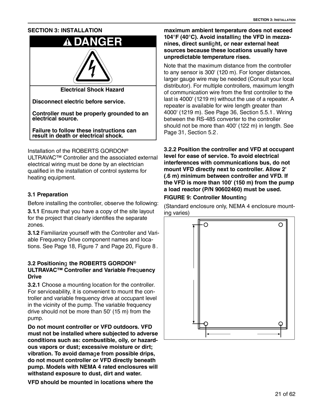 Roberts Gorden 10081601NA Rev H 12/11 service manual Installation, Preparation, VFD should be mounted in locations where 