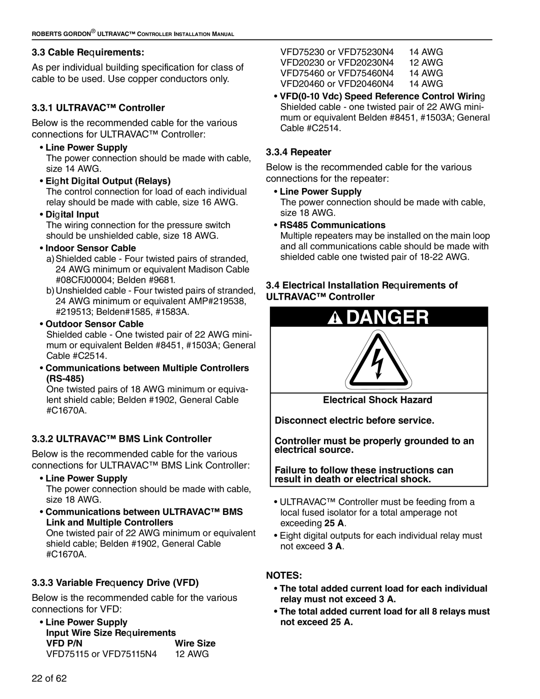 Roberts Gorden 10081601NA Rev H 12/11 Cable Requirements, Ultravac Controller, Ultravac BMS Link Controller, Repeater 