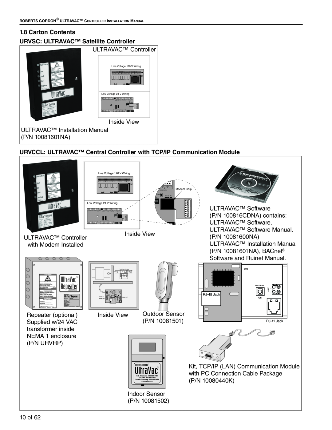 Roberts Gorden 10081601NA Rev H 12/11 service manual Carton Contents, URVSC: ULTRAVAC Satellite Controller 