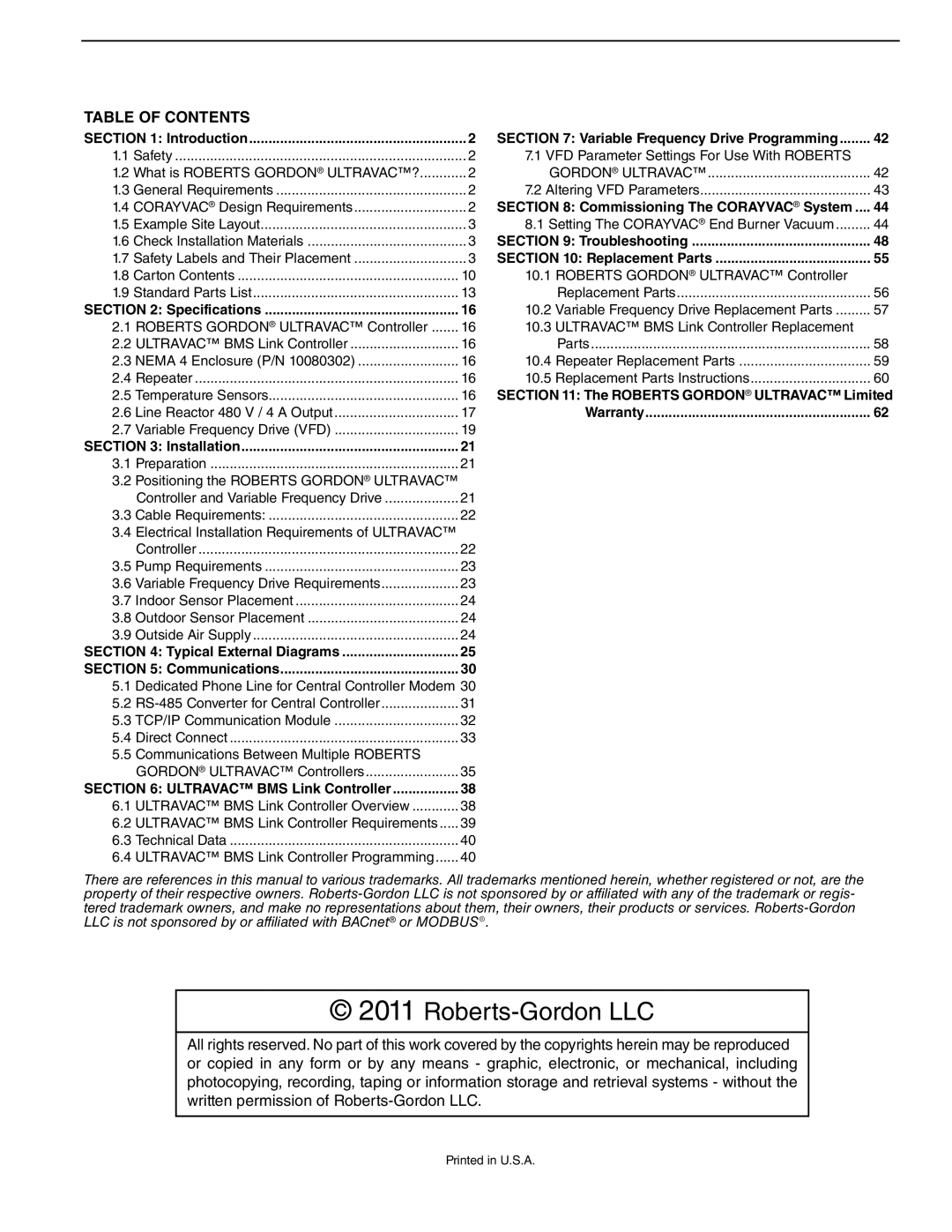Roberts Gorden 10081601NA Rev H 12/11 service manual Roberts-GordonLLC, Table Of Contents 