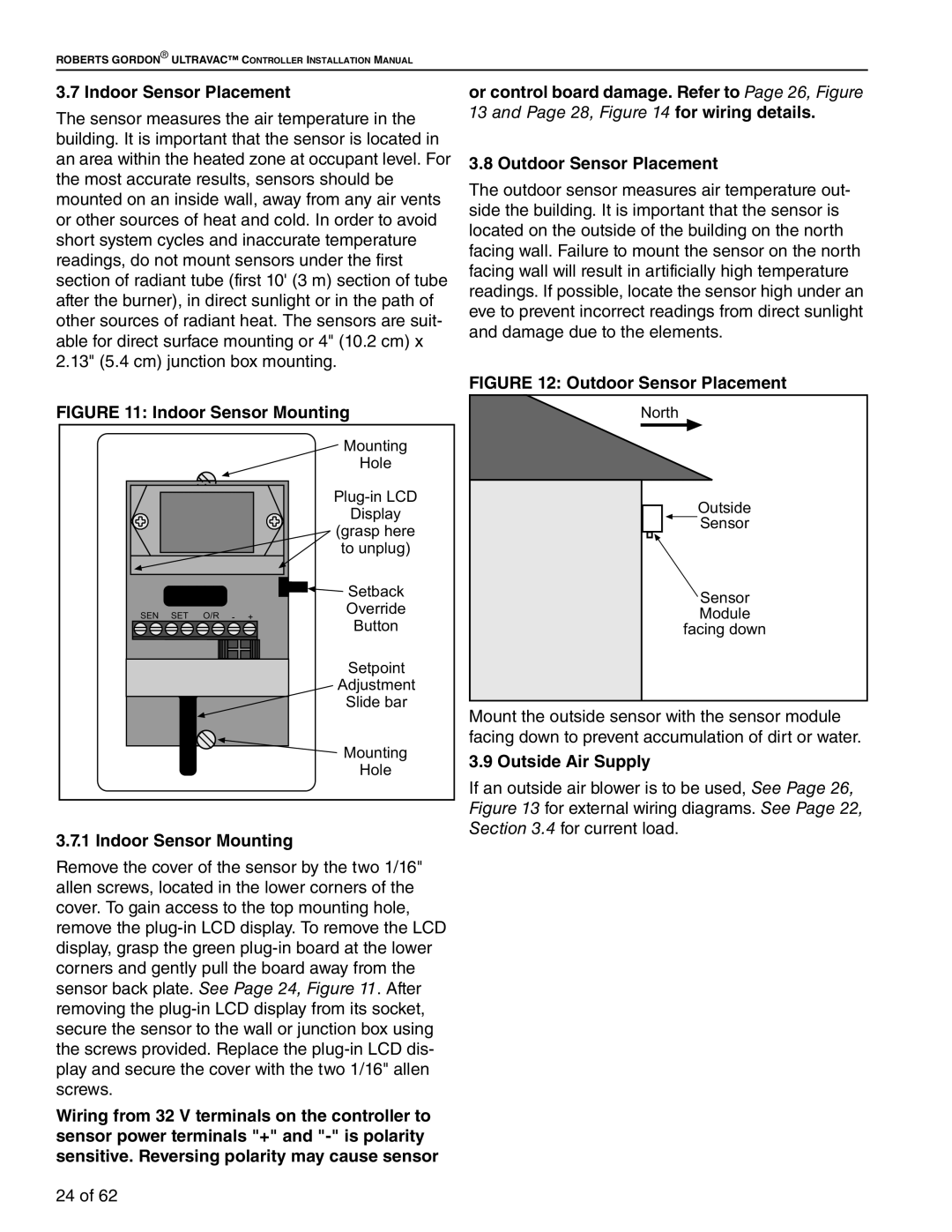 Roberts Gorden 10081601NA Rev H 12/11 Indoor Sensor Placement, Indoor Sensor Mounting, Outdoor Sensor Placement 