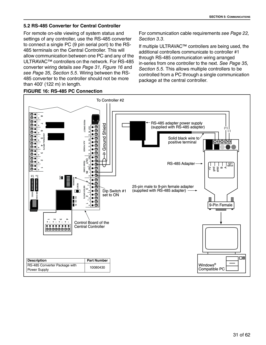 Roberts Gorden 10081601NA Rev H 12/11 service manual 5.2 RS-485Converter for Central Controller, RS-485PC Connection 