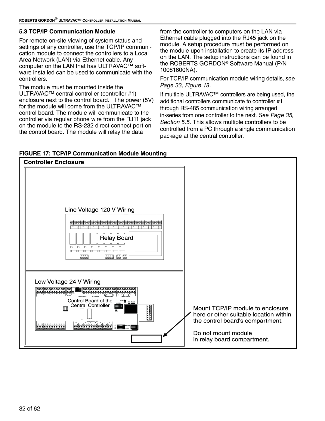 Roberts Gorden 10081601NA Rev H 12/11 service manual 5.3 TCP/IP Communication Module, TCP/IP Communication Module Mounting 