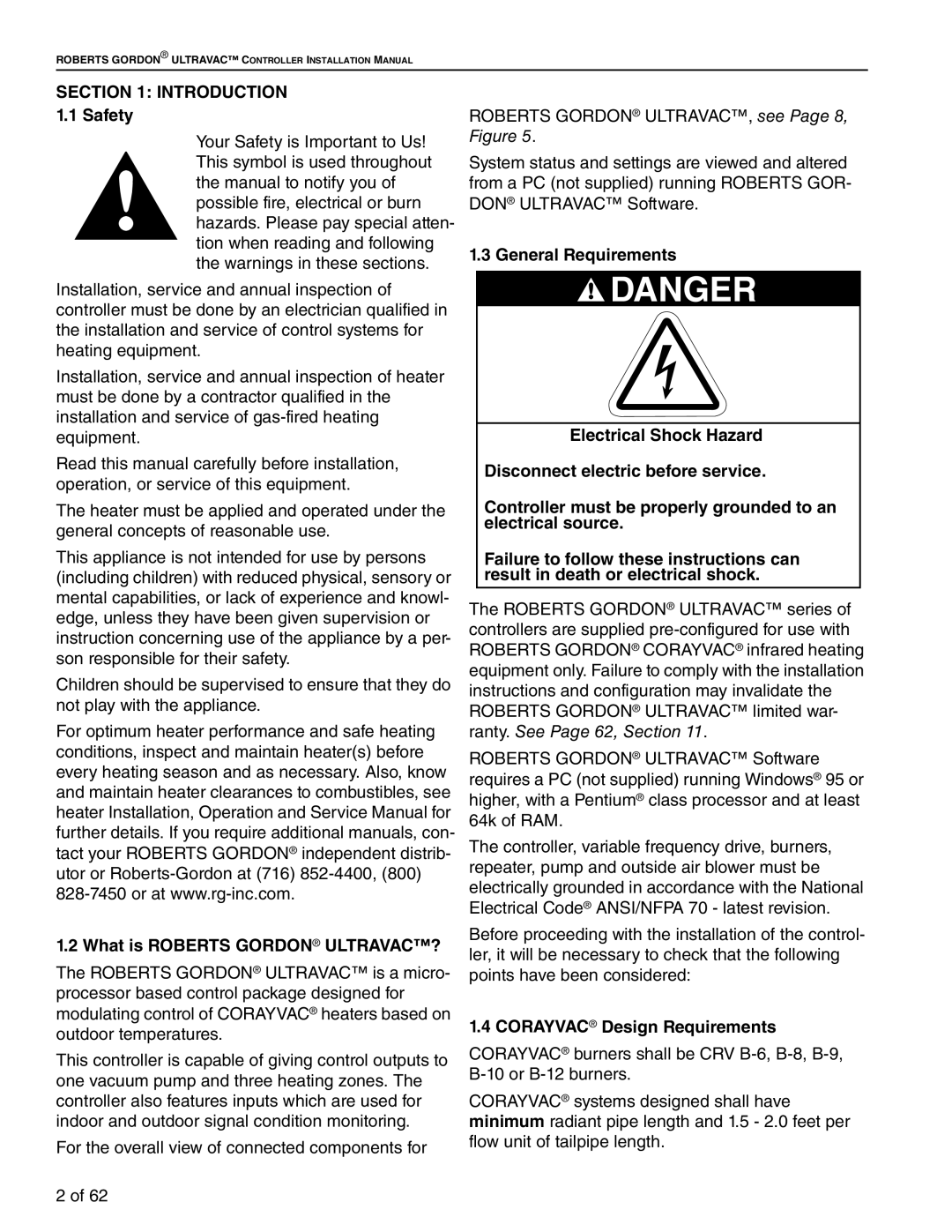 Roberts Gorden 10081601NA Rev H 12/11 Danger, INTRODUCTION 1.1 Safety, General Requirements, Electrical Shock Hazard 