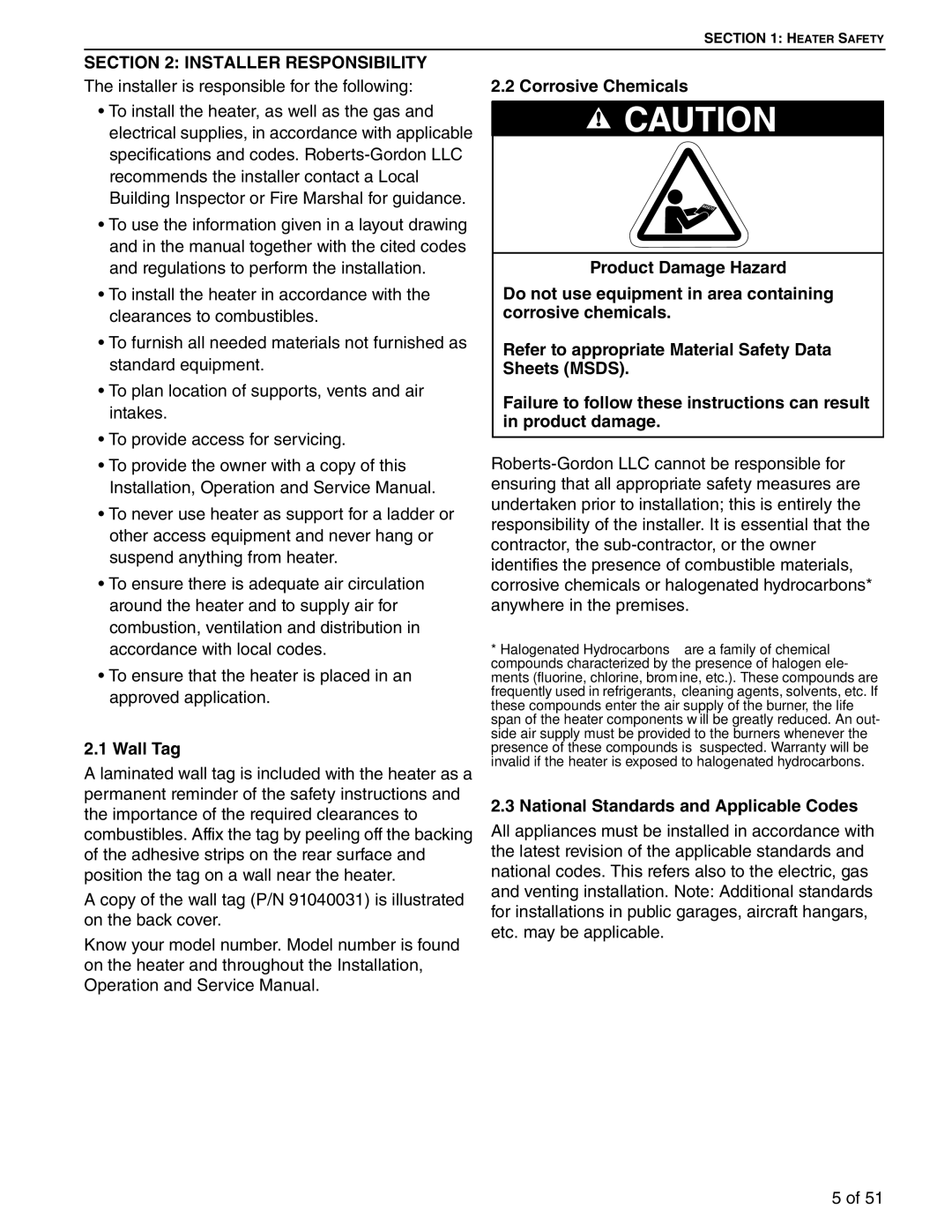 Roberts Gorden 300, 200, 350, 150, 400, 250, 225 Installer Responsibility, Wall Tag, National Standards and Applicable Codes 