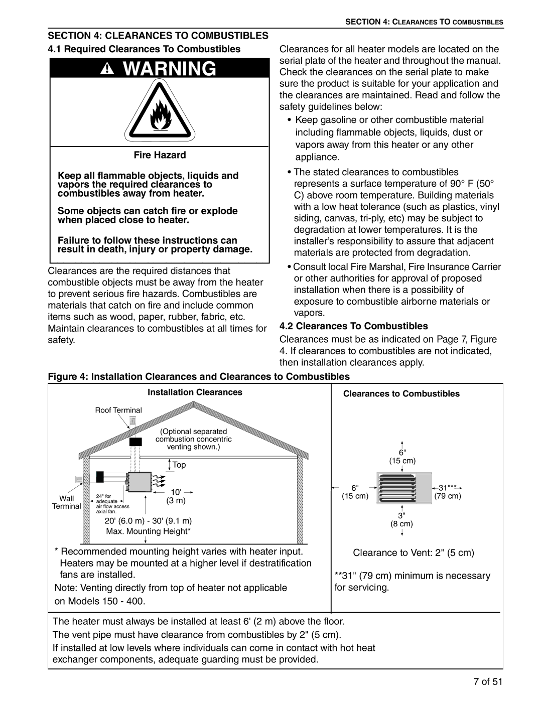 Roberts Gorden 175, 200, 350, 150, 400, 250 Clearances To Combustibles, Installation Clearances and Clearances to Combustibles 