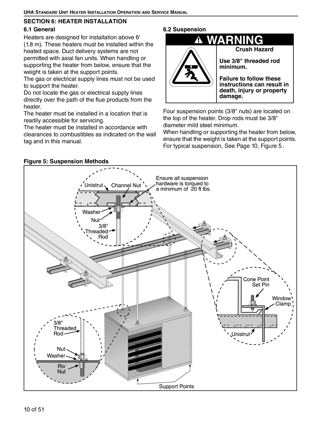 Roberts Gorden 150, 200, 350, 400, 250, 300, 225, 175 service manual Heater Installation 6.1 General, Suspension Methods 