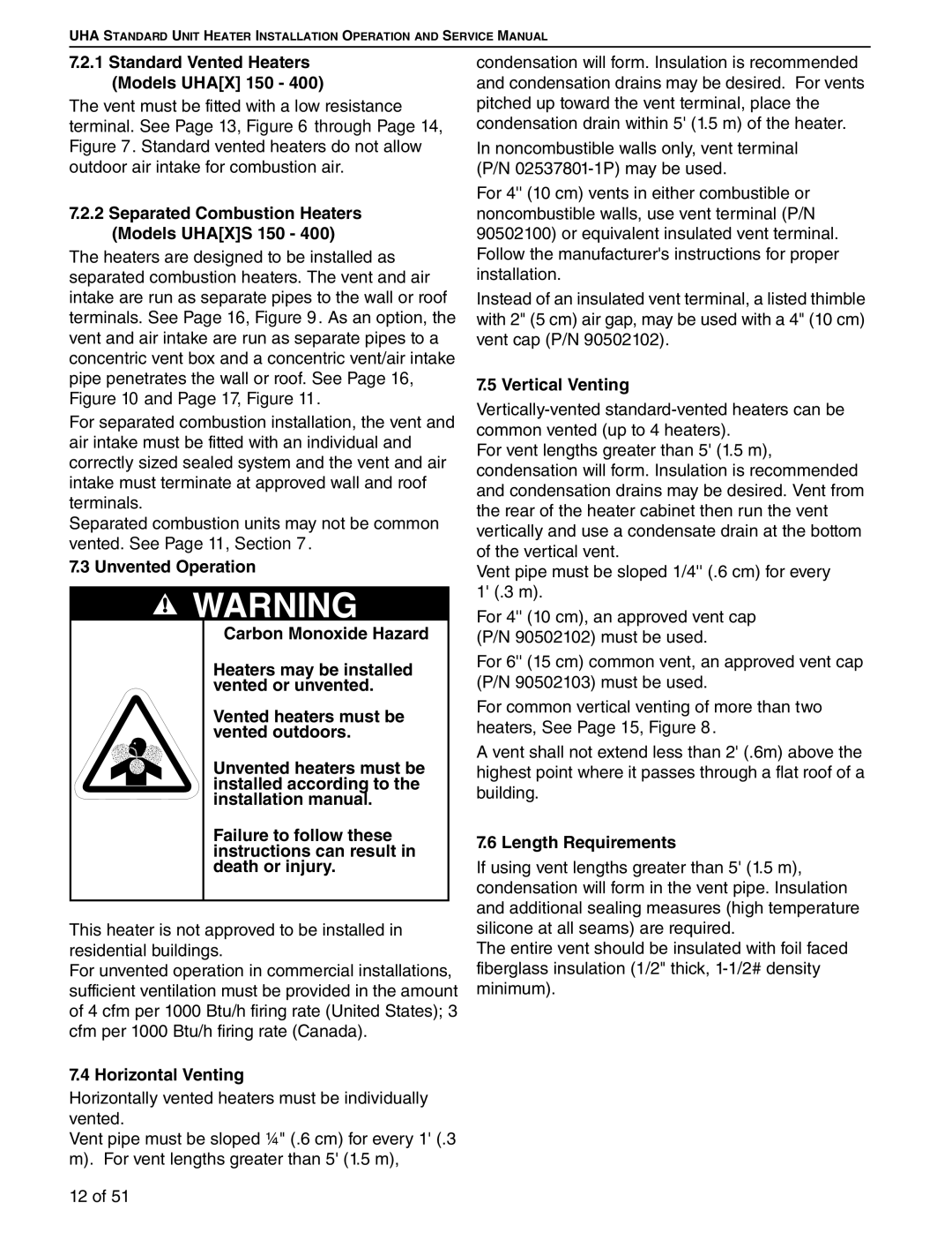 Roberts Gorden 250, 200 Standard Vented Heaters Models Uhax 150, Horizontal Venting, Vertical Venting, Length Requirements 