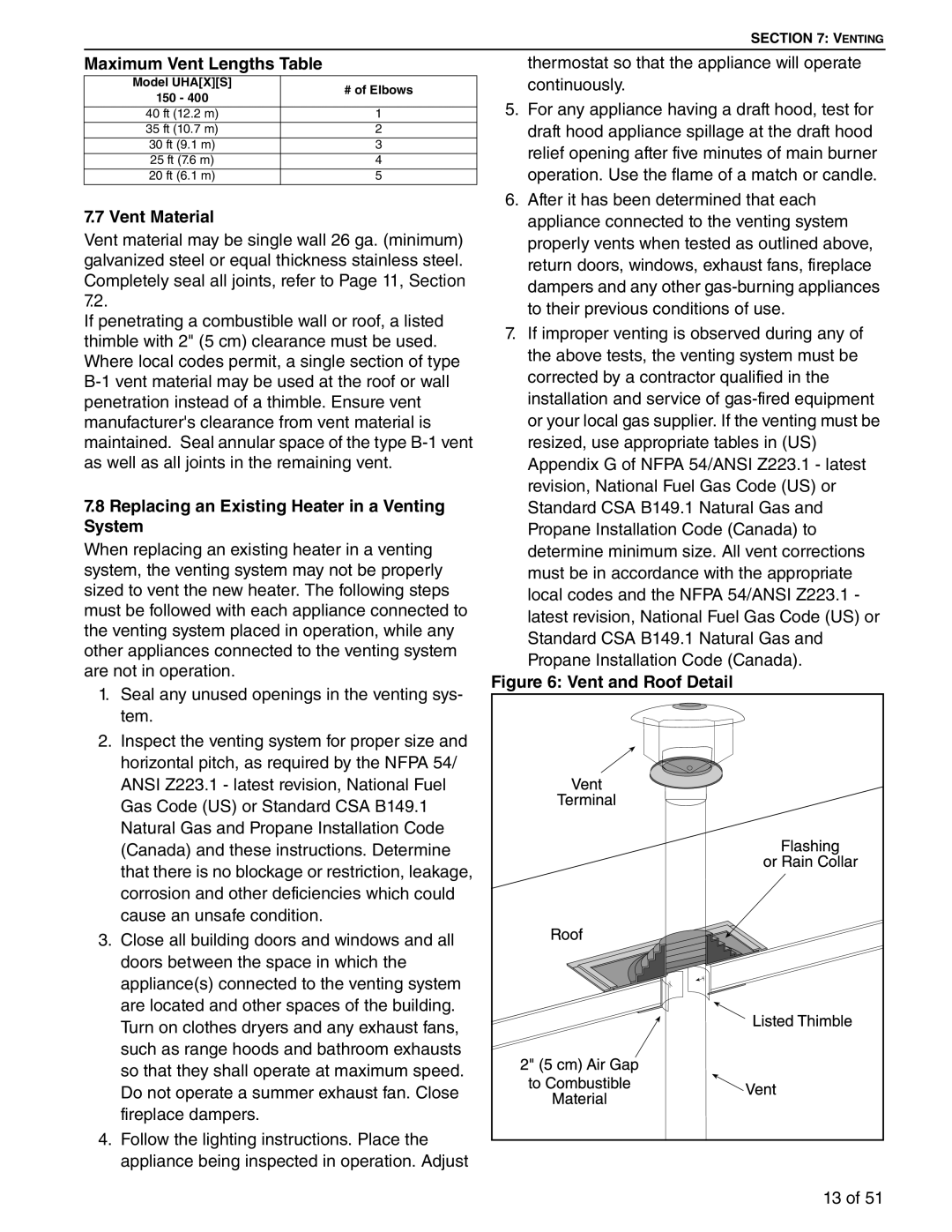 Roberts Gorden 300, 200, 350 Maximum Vent Lengths Table, Vent Material, Replacing an Existing Heater in a Venting System 